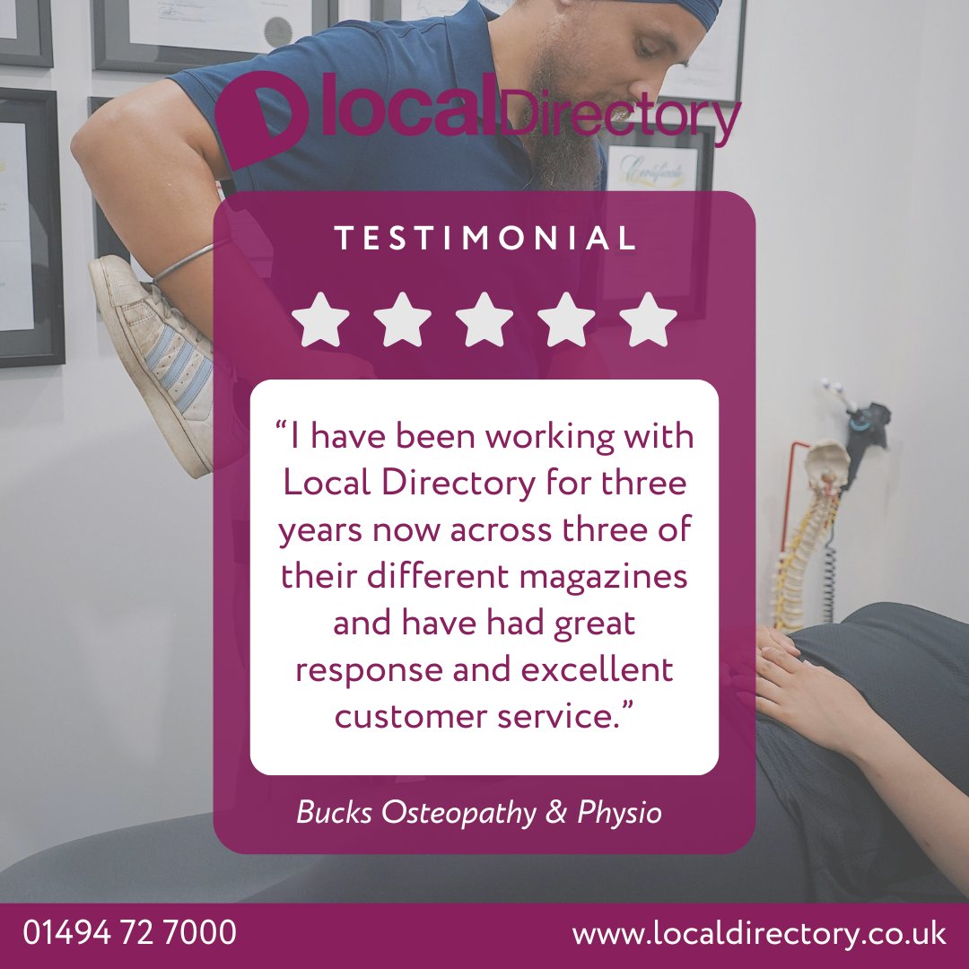 ⭐️⭐️⭐️⭐️⭐️ We love hearing feedback like this! Bucks Osteopathy &amp; Physio have advertised with us for three years — across multiple magazines — and continue to see fantastic response and top-quality service.  Ready to grow your business with Local Directory? 📞 01494 72 7000
