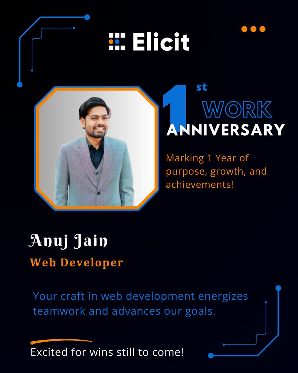 elicitdigital's tweet photo. 🎉 Happy Work Anniversary, Anuj Jain!

Elicit Digital is proud to celebrate your journey and looks forward to continued learning, growth, and exciting achievements ahead. 🚀📈

#TeamMilestones #WebCraft #DigitalBuilders #CareerWins https://t.co/BchkzYgWCE