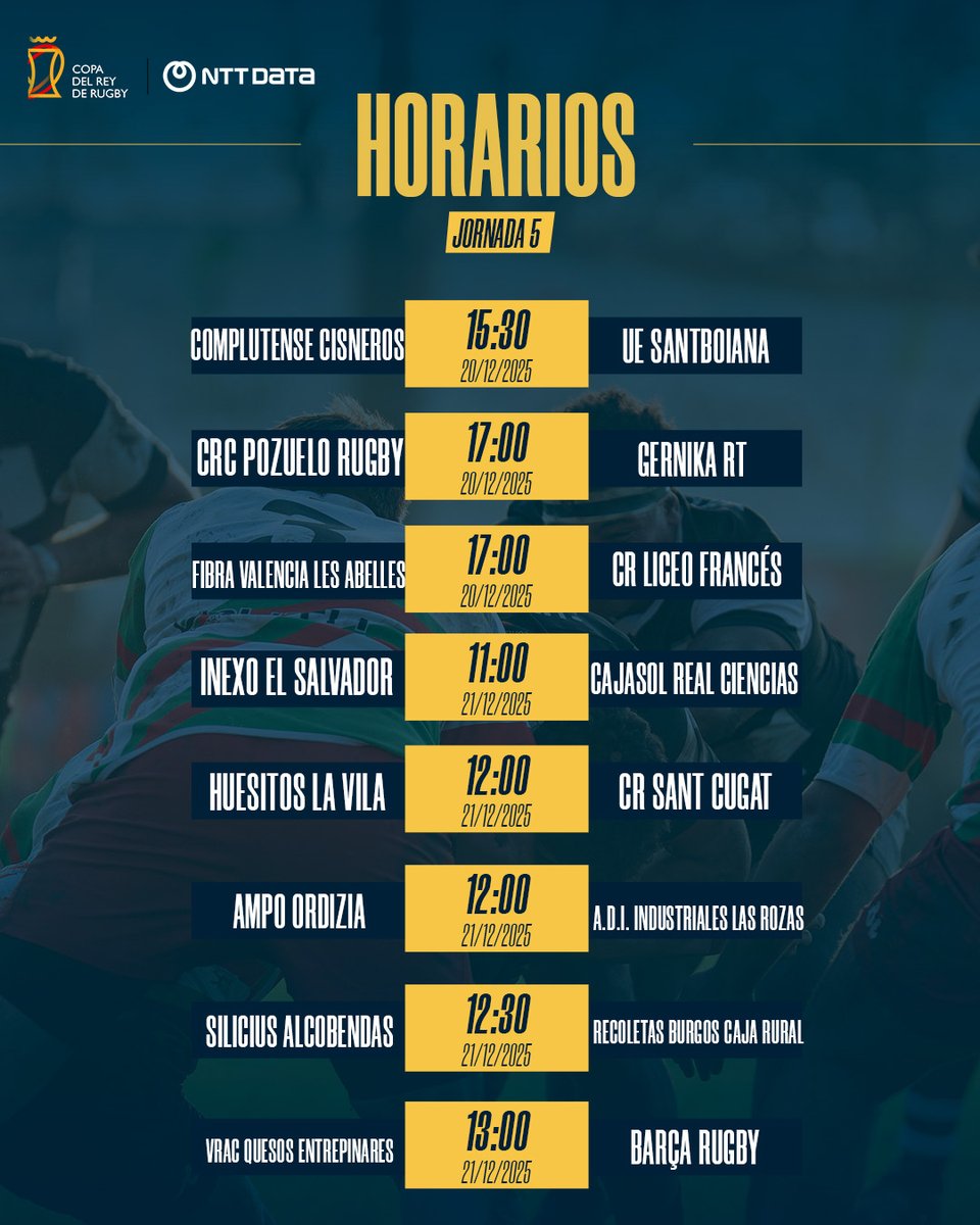 DHFerugby's tweet photo. ⌚️ 𝐇𝐎𝐑𝐀𝐑𝐈𝐎𝐒 Jornada 5️⃣ de #CopaRugby 

#LoQueNosUne https://t.co/z4V3vLdcbM