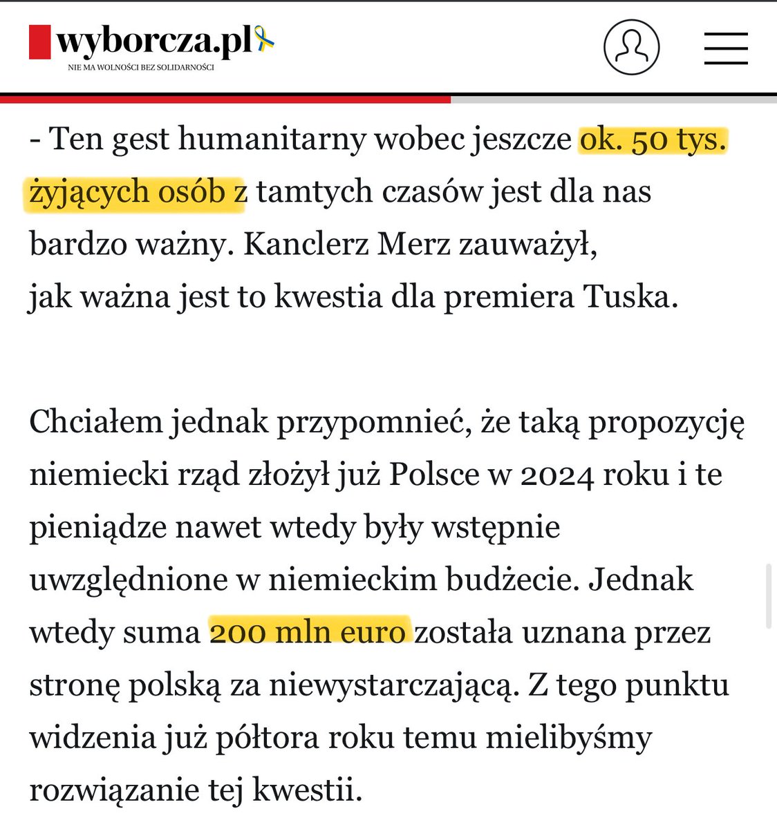 Wiecie Państwo, na ile niemieckie mocarstwo humanitarne wycenia swoje zbrodnie z II wojny światowej?

Po 4 tys. euro na osobę.

Twoi rodzice, dziadkowie byli więźniami obozu, niewolnikami u bauera, ofiarami eksperymentów medycznych?

Łaskawy Niemiec chce im rzucic 4 tysiące i