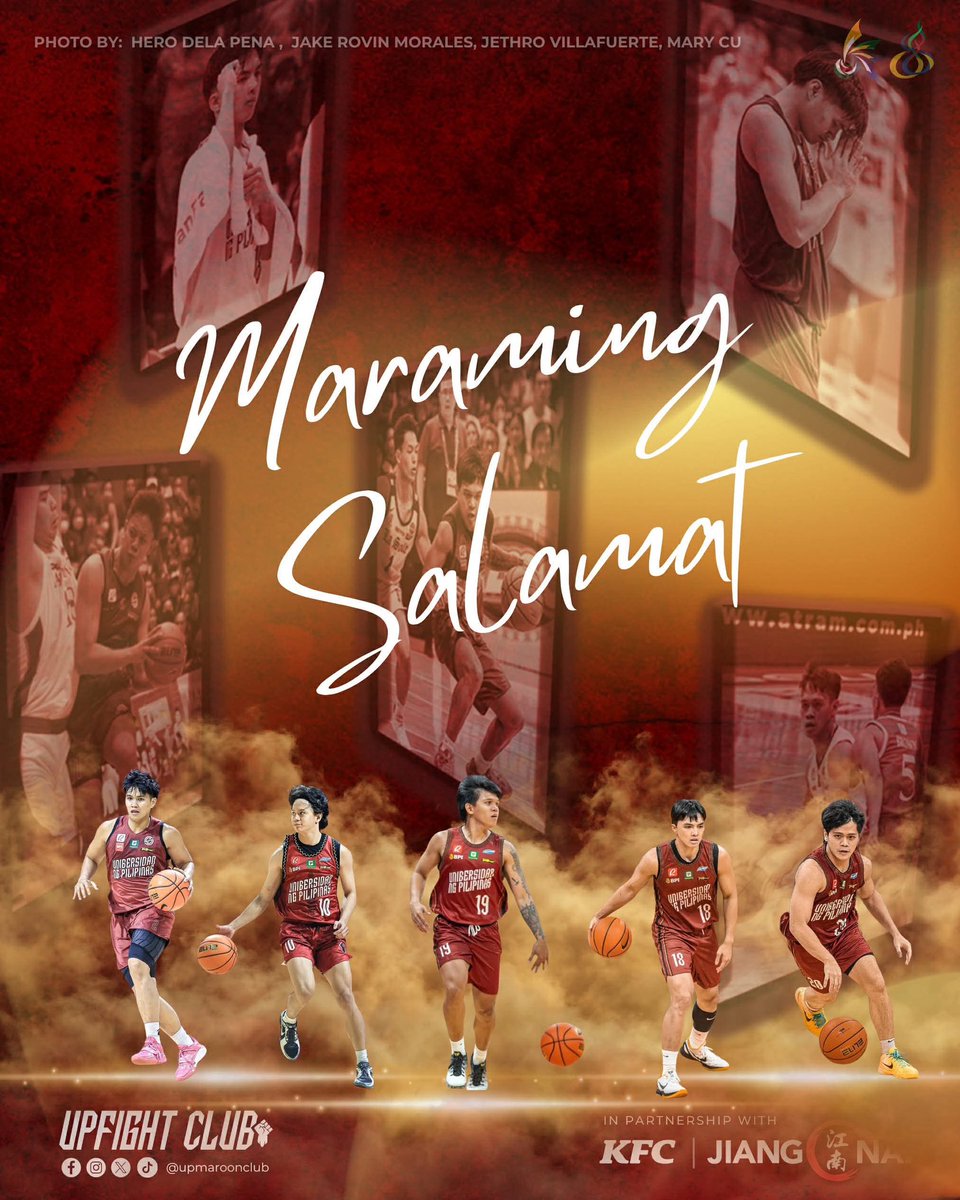 upmaroonclub's tweet photo. MARAMING SALAMAT, MAROON 5 ♥️

UP basketball will move forward, new voices, new songs, and new dreams will be introduced. However, this era will always be remembered for the harmony these five created in moments both loud and quiet.

Thank you for choosing and playing for UP! Padayon. 🌻

This UP Fighting Maroons Club post is in partnership with:
KFC
Jiang Nan Hotpot

#UAAPSeason88
#UPFight♥️💚✊🏻