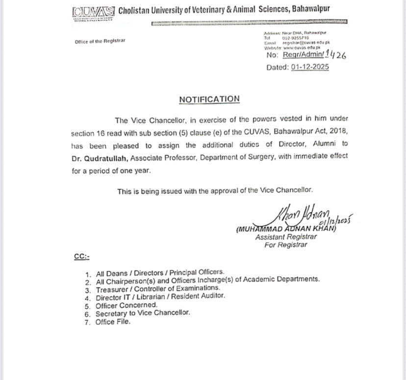 DrQudratullah2's tweet photo. I am sincerely thankful to the Worthy Vice Chancellor, Professor Dr. Muhammad Mazhar Ayaz, for the trust and confidence shown in assigning me the additional charge of Director Alumni, CUVAS Bahawalpur. https://t.co/5U8qfYCCXN