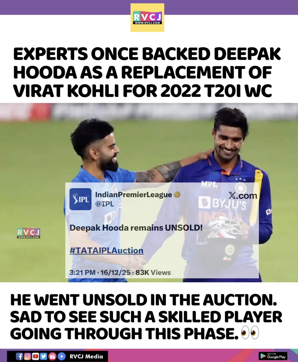 RVCJ_Sports's tweet photo. From “Kohli’s replacement” talks to going unsold at the auction – cricket really is a game of phases. 👀✨#DeepakHooda #IPLAuction #IPL2026 #Cricket #IndianCricket #TATAIPL #Unsold #CricketReels #NeverGiveUp #GameOfPhases #ViralReels https://t.co/ckongKFFM2