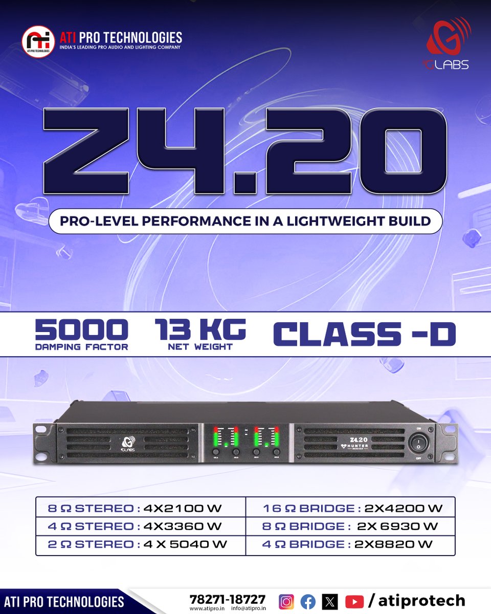 atiprotech's tweet image. Pro-level power in a lightweight build ⚡
The Z4.20 Class-D Amplifier delivers massive output, 5000 damping factor &amp;amp; unmatched efficiency perfect for live sound, DJs &amp;amp; touring setups.
Built to perform. Built to last. 🔊🔥
#ATIProTechnologies #GLABS #Z420 #ProAudio