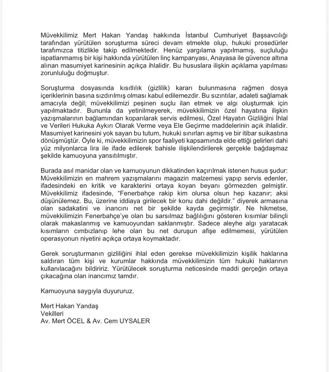 mertocel's tweet image. Müvekkilimiz Mert Hakan Yandaş hakkında kamuoyu duyurumuzdur. @MHYandas