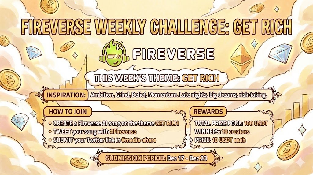 🎧 Fireverse Weekly Challenge is live 💸
Theme: GET RICH

Turn ambition, grind, and big dreams into music.
Create a GET RICH track with Fireverse AI, post it on X with #Fireverse, and compete for 100 USDT.

⏰ Dec 17 – Dec 23
👉 Create: app.fireverseai.com
👉 Submit Entry: