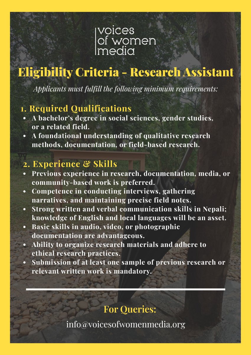 vow_media's tweet photo. We are looking for a passionate feminist Research Assistant for our She Is the Story program.

Send your CV and a sample of your research or relevant written work to info@voicesofwomenmedi.org

Apply by 24 December 2025

For any queries write to us at info@voicesofwomenmedi.org https://t.co/OsXkyemfN6