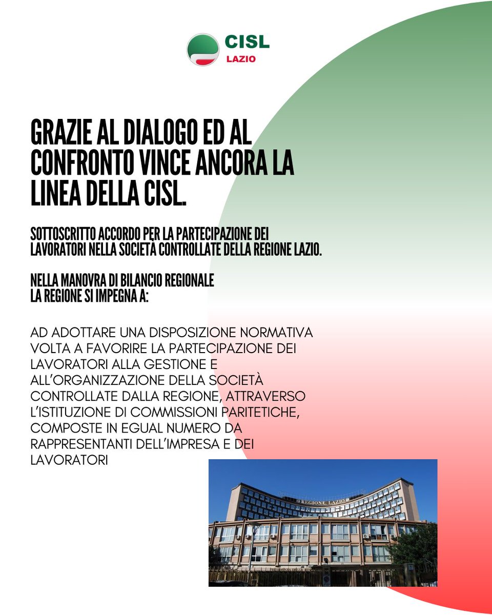 Cisl_Lazio's tweet photo. Firmato Accordo con la Regione Lazio! Accolte le richieste della #CISL per la partecipazione dei lavoratori nelle aziende controllate e sgravi IRPEF per i redditi più bassi.
Misure a sostegno di cittadini e operatori sanitari, con attenzione alle famiglie fragili e la Legge 46 https://t.co/UDRcWVzjL5