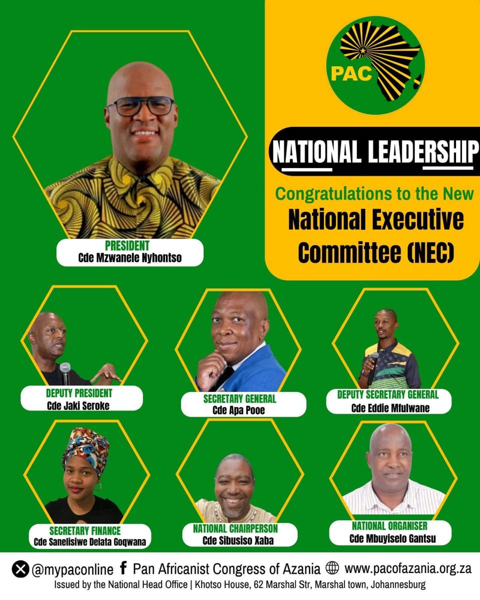 MyPAConline's tweet photo. 🖐🏿💚🖤💛 Congratulations to the new PAC National Executive Committee (NEC) leadership! 👏 A united, disciplined, and visionary collective ready to take the next bold step in introducing the PAC back to the masses of our country! with renewed purpose and commitment🖐🏿💥
#PACLeadership #AzaniaRising #UnityInAction