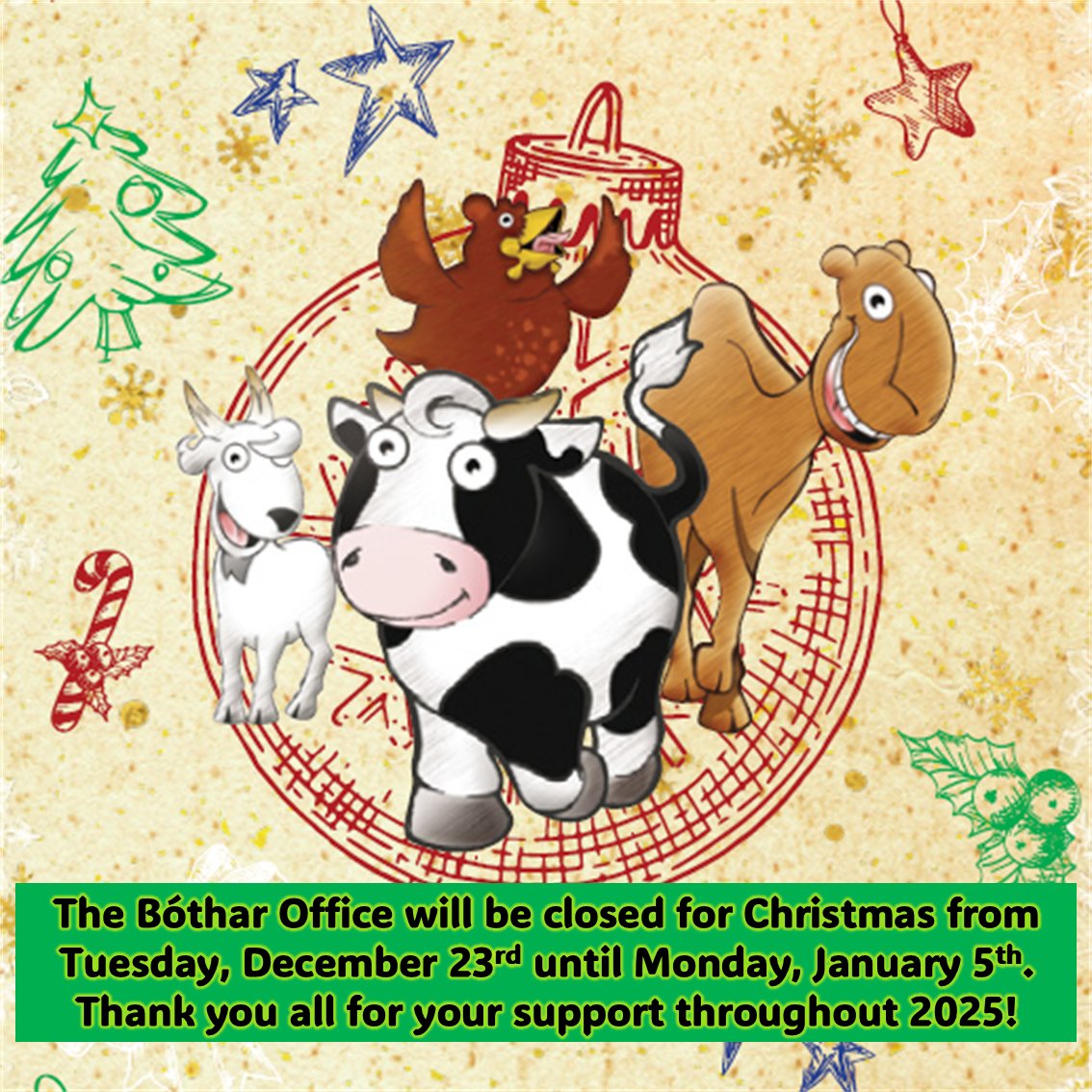 Bothar's tweet image. Heads up! If you'd like to contact us before Christmas, please get in touch by next Tuesday, the 23rd of December! 🎄☎️📧
#Bóthar #fundingfarmingfamilies #bótharlear