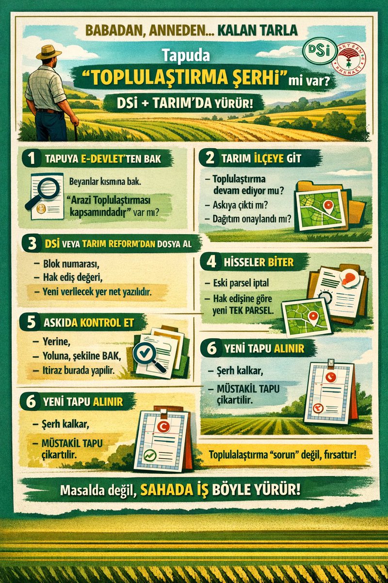 Babadan, anneden… artık kimden kaldıysa. Hisseli tarlan var ve “müstakil yapabilir miyim?” diye bakıyorsan👇

“Tapuda TOPLULAŞTIRMA ŞERHİ var mı? Varsa, doğru hamleyle hisse derdinden çıkma ihtimalin var.

Aşama aşama net yol haritası yazıyorum 👇

1️⃣ E-Devlet’ten tapuya bak