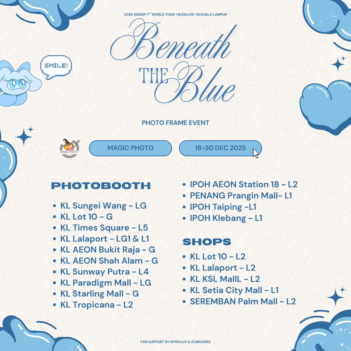 Are you ready for #WEALIVEinKL? 🩵

Celebrate the concert season with a limited-edition WEALIVE photoframe, available at Magic Photo photobooths!

📆 18–30 Dec 2025

Even if you're not attending the concert, you can still join the excitement 📸

#WENDY_WORLDTOUR_IN_KL #WendyinKL