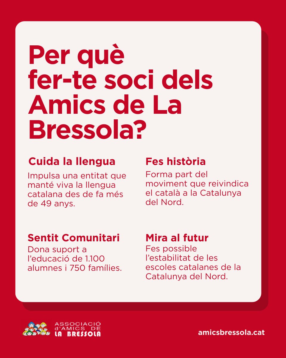 La Bressola és un projecte resilient nascut gràcies a la mobilització ciutadana. 
 
🔴Ajuda’ns a continuar ensenyant en català a la Catalunya del Nord. Si vius a la Catalunya del Sud, fes-te soci dels Amics de La Bressola👉amicsbressola.cat/associa-thi/