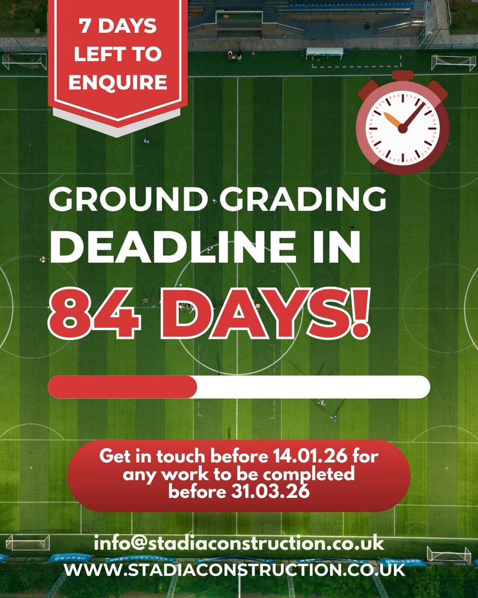 StadiaConstruct's tweet image. One week left to enquire for works to be completed before the ground grading deadline on the 31st March!

info@stadiaconstruction.co.uk

✔️ Fully Galvanised Structure &amp;amp; Terracing⁠
✔️ Green Guide Compliant⁠