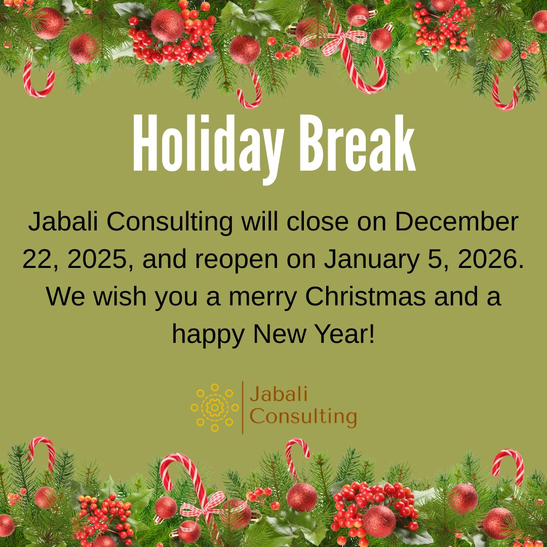 Jabali Consulting will have a holiday break from December 22, 2025, to January 5, 2026. 

We would like to thank you, our clients and partners for your trust and support this past year.

We wish you a merry Christmas and a happy New Year!