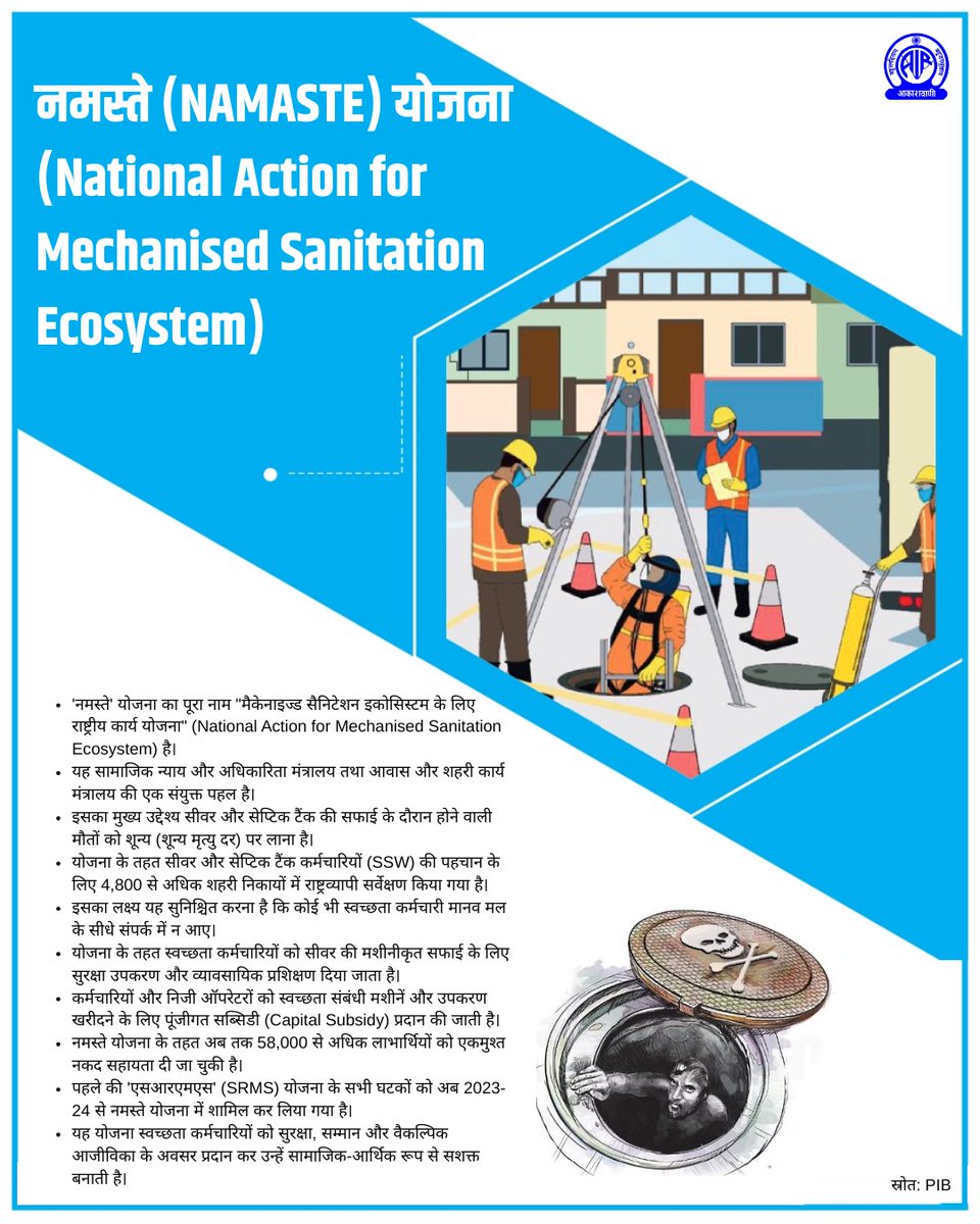 नमस्ते (NAMASTE) योजना
(National Action for Mechanised Sanitation Ecosystem)

'नमस्ते' योजना का पूरा नाम "मैकेनाइज्ड सैनिटेशन इकोसिस्टम के लिए राष्ट्रीय कार्य योजना" (National Action for Mechanised Sanitation Ecosystem) है।
यह सामाजिक न्याय और अधिकारिता मंत्रालय तथा आवास और शहरी
