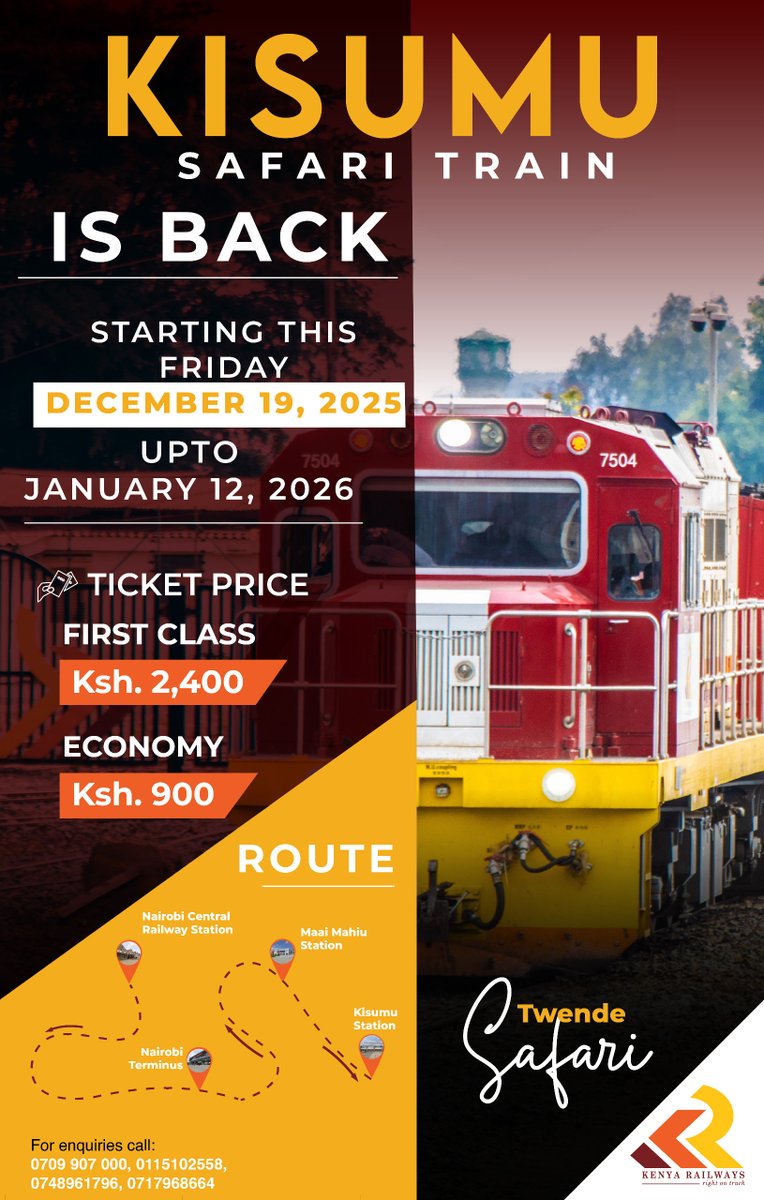 KenyaRailways_'s tweet photo. The Kisumu Safari Train is back on track 🚆
Enjoy easy travel and that classic rail magic as you journey from Nairobi to Kisumu.

Running from 19th December 2025 to 12th January 2026, this festive favourite is the perfect way to travel, explore, and unwind.
Seats are now available— book early and ride the journey again.

#KisumuSafariTrain #TwendeSafari #ExploreKenya #TravelByRail #KenyaRailways #RightOnTrack