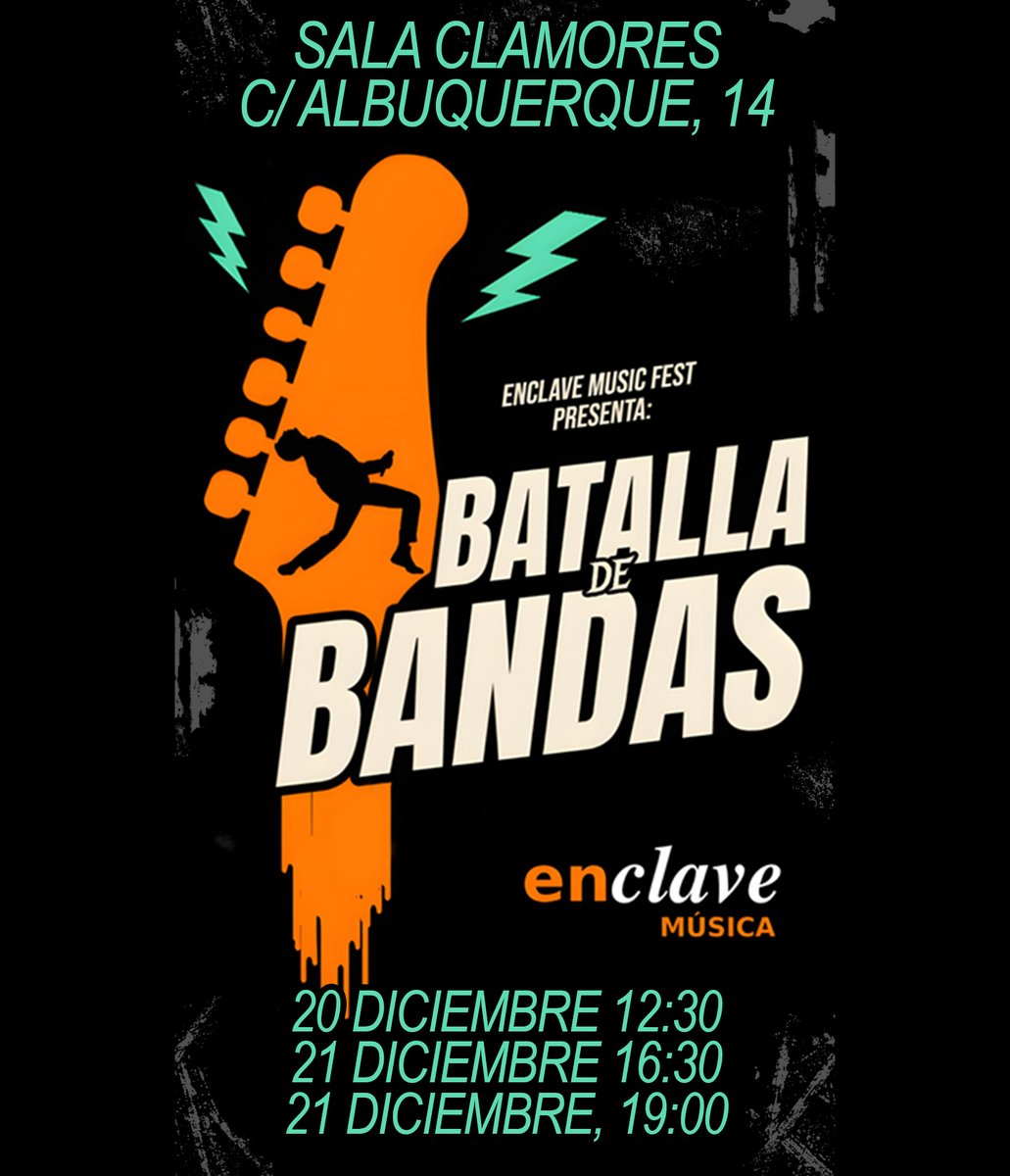 EnclaveMadrid's tweet photo. Los días 20 y 31 de diciembre se celebrará en la Sala Clamores de Madrid la Batalla de Bandas, en las que participarán grupos de las Escuelas Enclave, con covers y temas propios.

Tres grupos de cada concierto se clasificarán para disputar la final en una mítica Sala de Madrid. https://t.co/QaD8HpFAUk