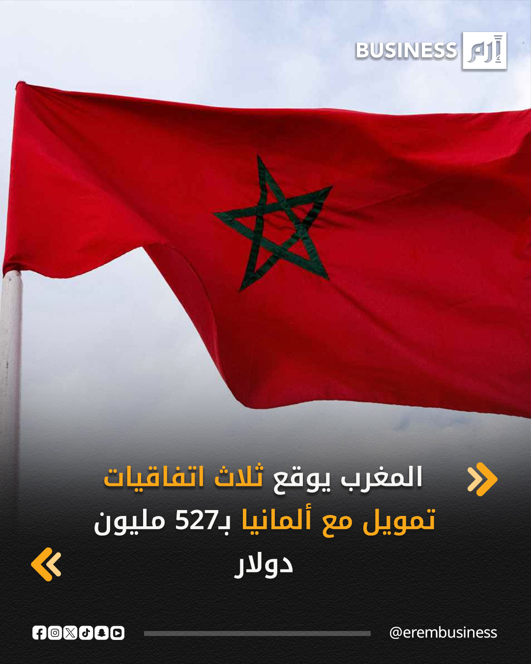 وقع المغرب ثلاث اتفاقيات تمويل مع ألمانيا، بقيمة إجمالية تبلغ 450 مليون يورو (نحو 527 مليون دولار)، لتمويل برامج تتعلق بالمناخ (100 مليون يورو)، والحماية الاجتماعية (150 مليون يورو)، وبرنامج منصة التنقل واللوجستيك بجهة الدار البيضاء-سطات « المكتب الوطني للسكك الحديدية» (200 مليون يورو).. التفاصيل في 