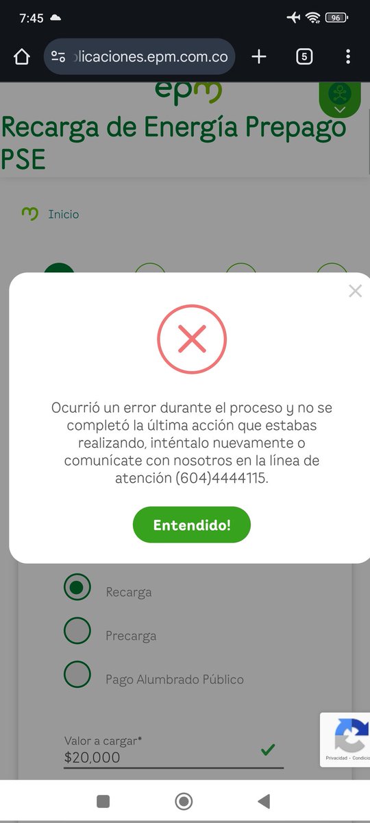 Darksol06's tweet photo. @EPMestamosahi Buenos días.

¿Hay problemas en la plataforma para recargar la luz?, aparece ese mensaje y no me deja recargar. https://t.co/QCT7xc2lvv