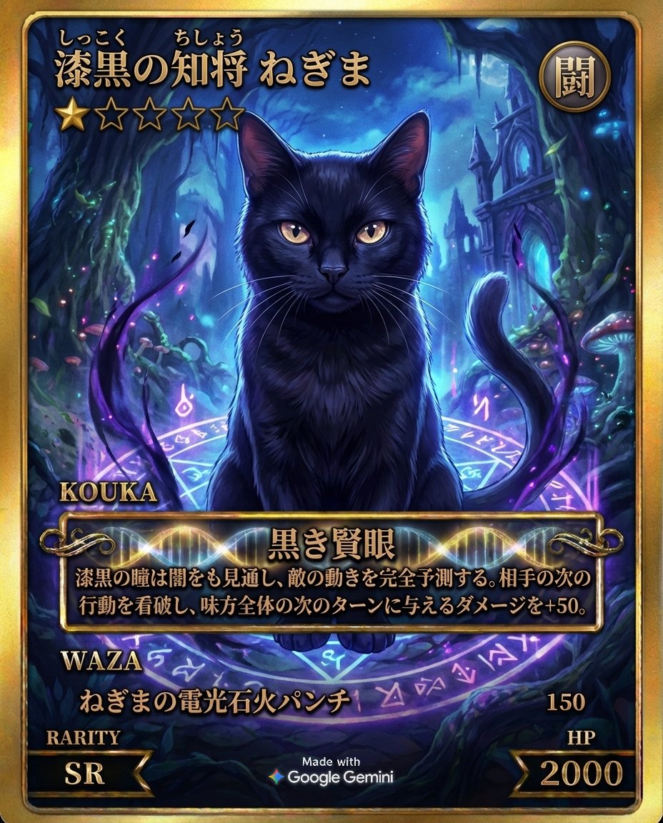 abeshellder's tweet image. ペットカードジェネレーターでねぎまのカードを作ったよ！🐾✨

#ペットカードジェネレーター #Gemini