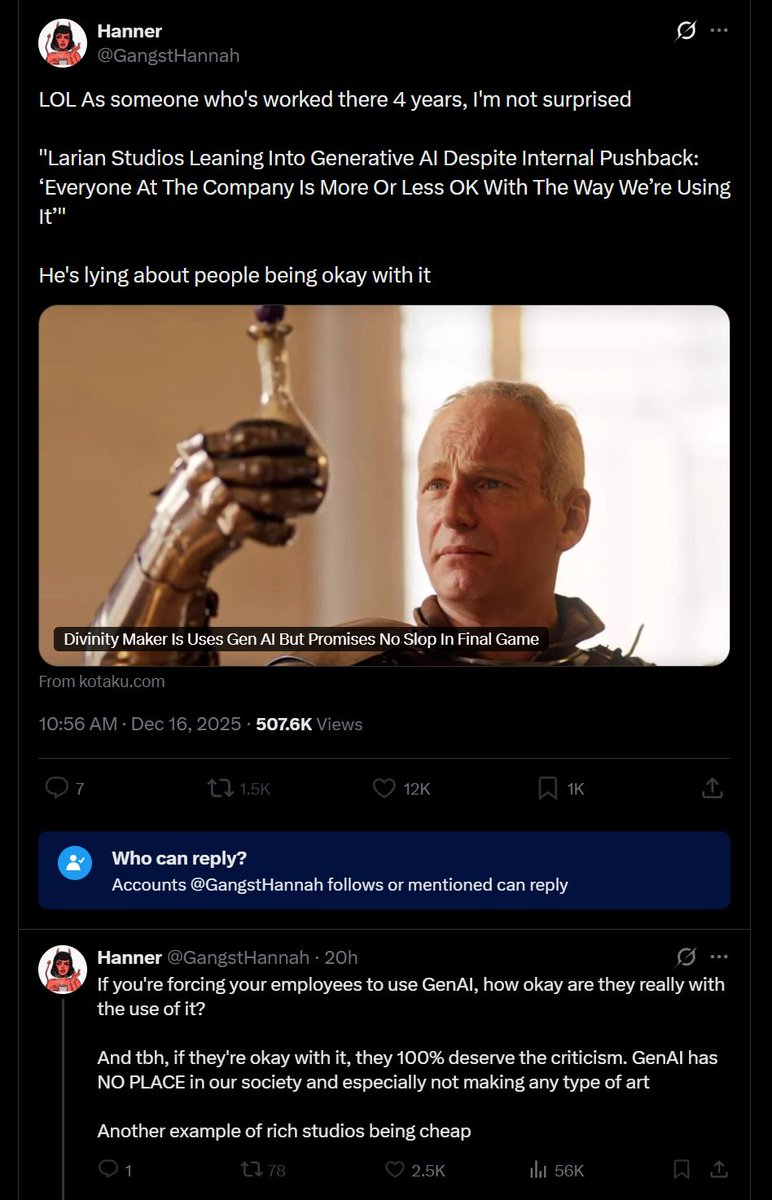 this former Larian artist blocked me for my remove the "Made with AI Label" post, which fair enough

it must have hit a bit too close to home knowing that their former studio is using Gen AI.

also what is blocking on X if I can still see their posts?
