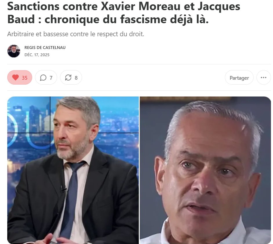 Sanctions contre Xavier Moreau (<a href="/stratpol_site/">Stratpol</a>)  et Jacques Baud (éditeur <a href="/MaxMiloEditions/">Max Milo Éditions</a>)  : chronique du fascisme déjà là. 
Analyse définitive et sans appel sur le plan juridique de <a href="/R_DeCastelnau/">Régis de Castelnau</a> 
Extrait de la conclusion :
Les « sanctions » qui frappent Xavier Moreau Jacques
