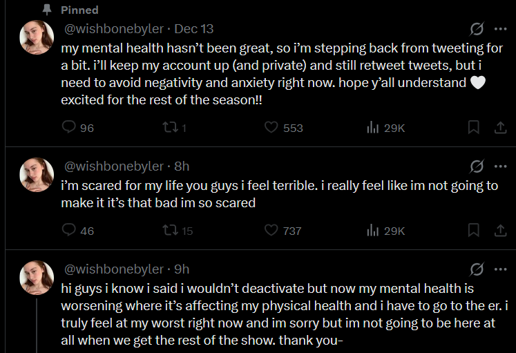 BettysLilis's tweet photo. jesus this is bad. this is exactly why the fake grifting byler enablers need to be driven off this app in 8 days. they are feeding on mentally ill people convincing them all will be fine because of a fuckass ship that isnt happening when they needed to seek treatment yesterday https://t.co/3cmo4lcCoP