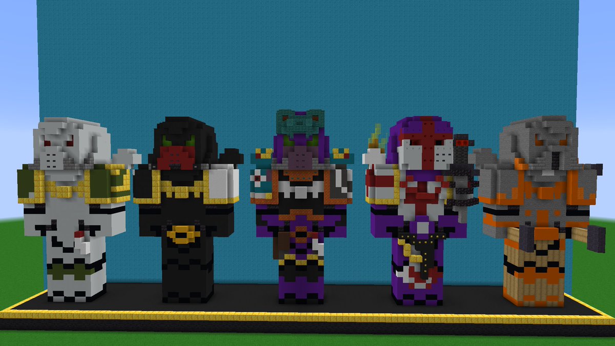 i built <a href="/jezzarath/">Jay</a>, <a href="/Adin80394004/">call-of-duty-infinitewarfare</a>, <a href="/alec198/">VoidViszla</a>, <a href="/OscrakG/">𝕮𝖗𝖚𝖘𝖆𝖉𝖊𝖗 𝕸𝖔𝖑𝖎𝖓𝖊</a>, and <a href="/SuckCowgirlTits/">𝙲𝚘𝚠 𝙶𝚒𝚛𝚕 𝙺𝚒𝚜𝚜𝚎𝚛</a>

took a few creative liberties due to minecraft limitations and to avoid you all looking the same apart from recolors.