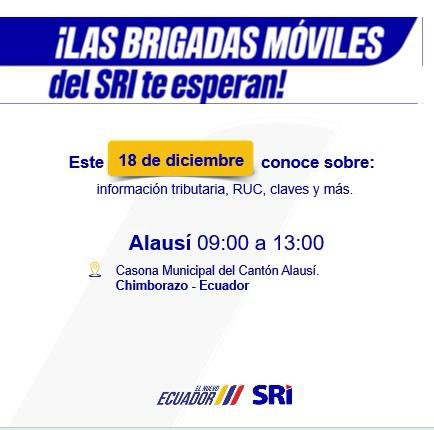 JLVasquezA's tweet photo. ¡Nuestra #BrigadaMóvilSRI está cerca de ti!

Si necesitas asesoría sobre impuestos, facturación o quieres obtener tu RUC, acércate a nuestro punto de atención más cercano.

En el cantón #Alausi.

¡Te esperamos!

#ElNuevoEcuador https://t.co/DmOHtF2r79