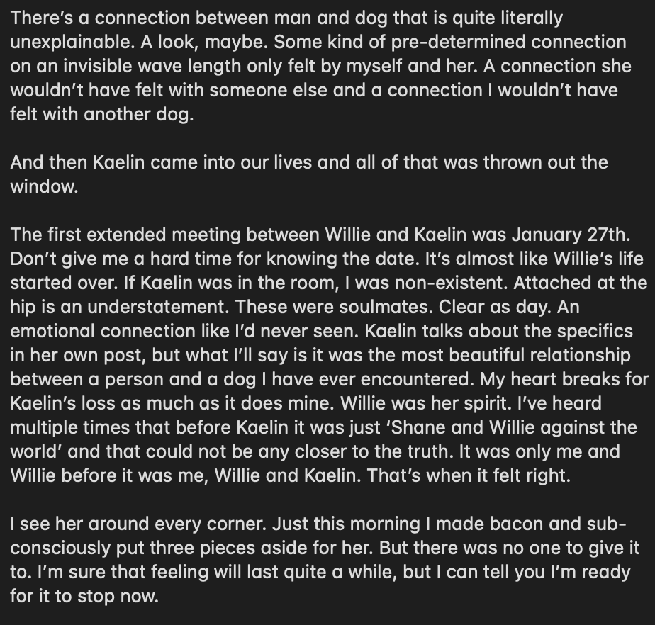 shane_riordan's tweet photo. Stopped the tears for long enough to write down some thoughts about my baby girl. 

If you're so inclined, Kaelin and I have organized a fund in Willie's name benefitting @PAWSChicago. Any little bit helps someone hopefully have memories like we had.

https://t.co/sZbtHyufwQ https://t.co/pf1i5RaMe6