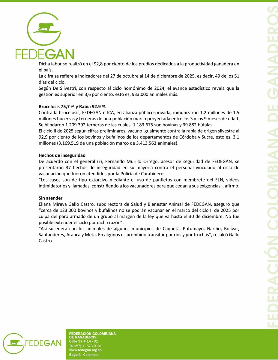 #EsNoticia #Atención #Urgente #Análisis 

Esta semana finalizó el II Ciclo de Vacunación contra aftosa, brucelosis y rabia de origen silvestre. ¿Cómo nos fue al corte de la séptima semana? Las cifras definitivas serán reveladas en febrero del próximo año.

Comunicado de prensa