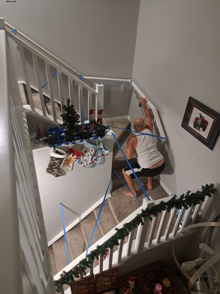 jasonjamesbnn's tweet image. My wife does elf on the shelf for our kids.

Last night she made a laser maze out of painter's tape.

I went downstairs to smoke a joint. It was already late and we had some "adult time" on the line.

I am 6'0 tall and 230 lbs. I have no grace. I am built and move like a bull…