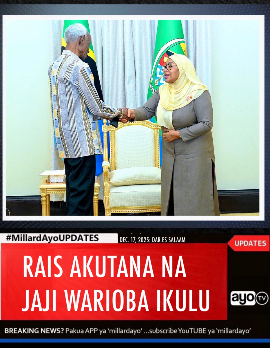 millardayo's tweet photo. #PICHA: Rais wa Jamhuri ya Muungano wa Tanzania, Dkt. Samia Suluhu Hassan hii leo Disemba 17, 2025 amekutana na kufanya mazungumzo na Waziri Mkuu Mstaafu Jaji Joseph Sinde Warioba katika Ikulu ya Magogoni Jijini Dar es Salaam.
#MillardAyoUPDATES https://t.co/EPXkTCqYPZ