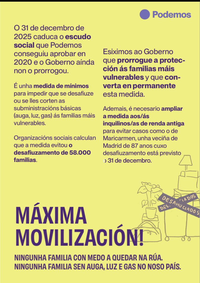 O 31 de decembro de 2025 caduca o escudo social que Podemos conseguiu aprobar en 2020 e o Goberno ainda non o prorrogo.

Esiximos ao Goberno que prorrogue a protección ás familias máis vulnerables y que converta en permanente esta medida.