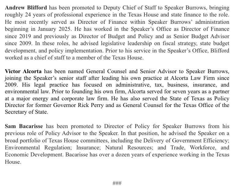 I am pleased to announce new appointments to my senior leadership team. Andrew Blifford has been promoted to Deputy Chief of Staff from his role as Director of Finance, and Sam Bacarisse has been promoted to Director of Policy. Additionally, Victor Alcorta will join the office as