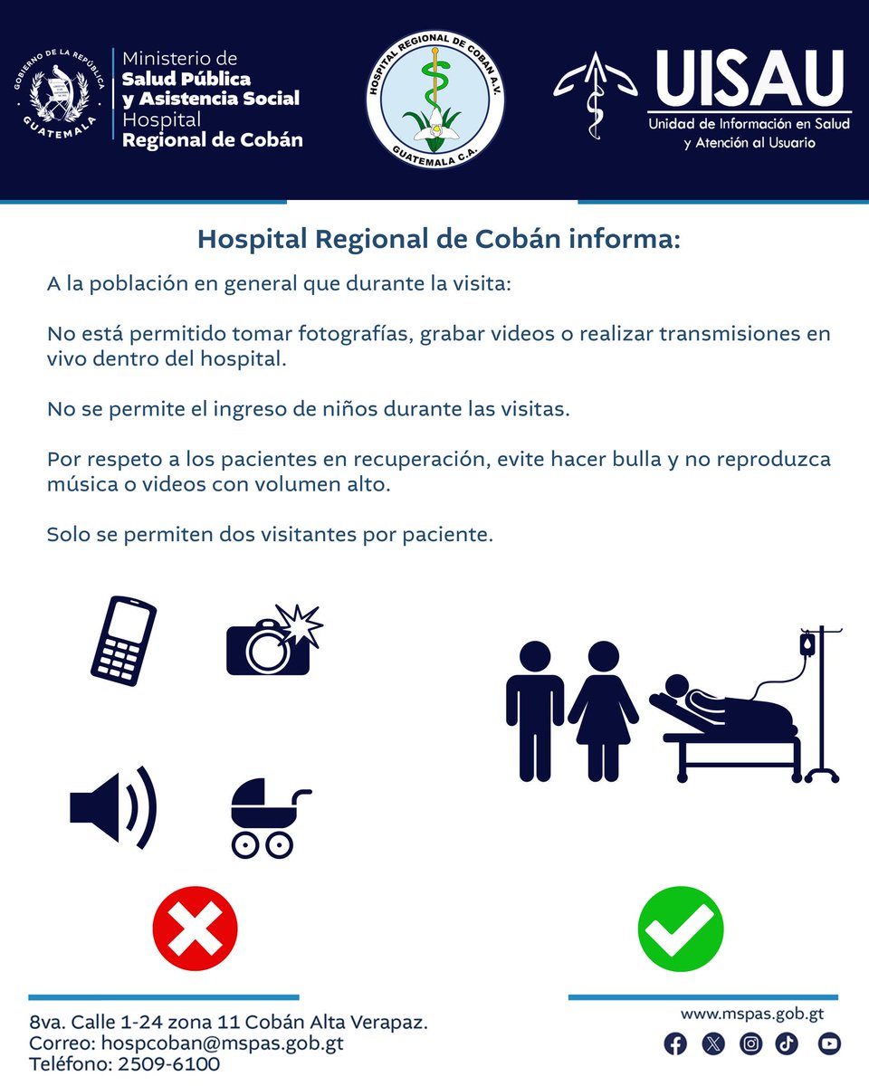 Te recordamos que durante tu visita:

Debes respetar la privacidad de tu paciente, por lo tanto, no debes tomar fotografías ni tomar videos

Mantenerte en silencio y bajarle volumen a tu teléfono 

No se permite el ingreso de niños 

Solo se permiten 2 visitantes por paciente