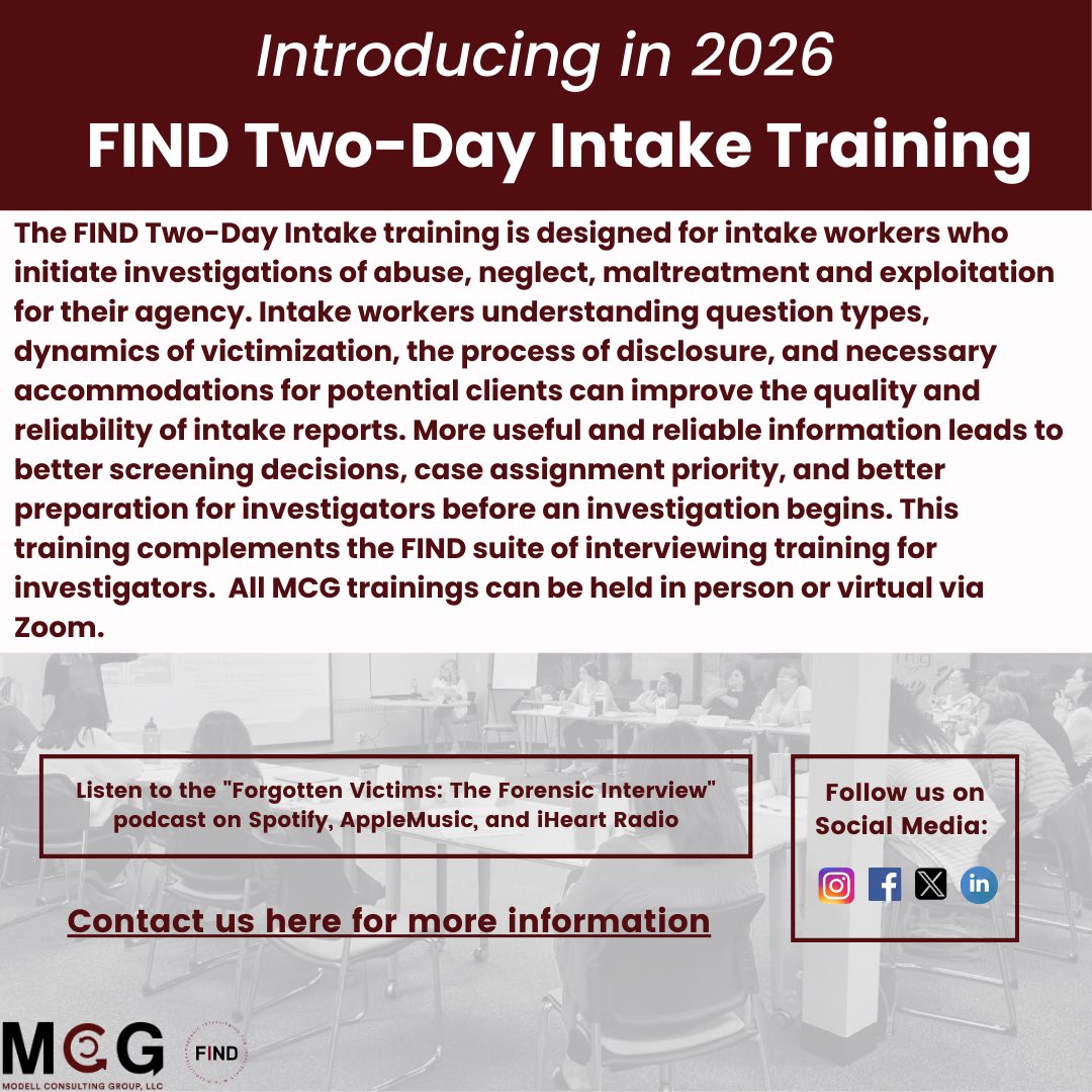 Modellconsult's tweet image. We’re excited to introduce the FIND Two-Day Intake Training — designed specifically for intake workers who initiate investigations of abuse, neglect, maltreatment, and exploitation.

Contact us for more information! 

#MCGTrainings #FIND #ForensicInterviewing #IntakeTraining