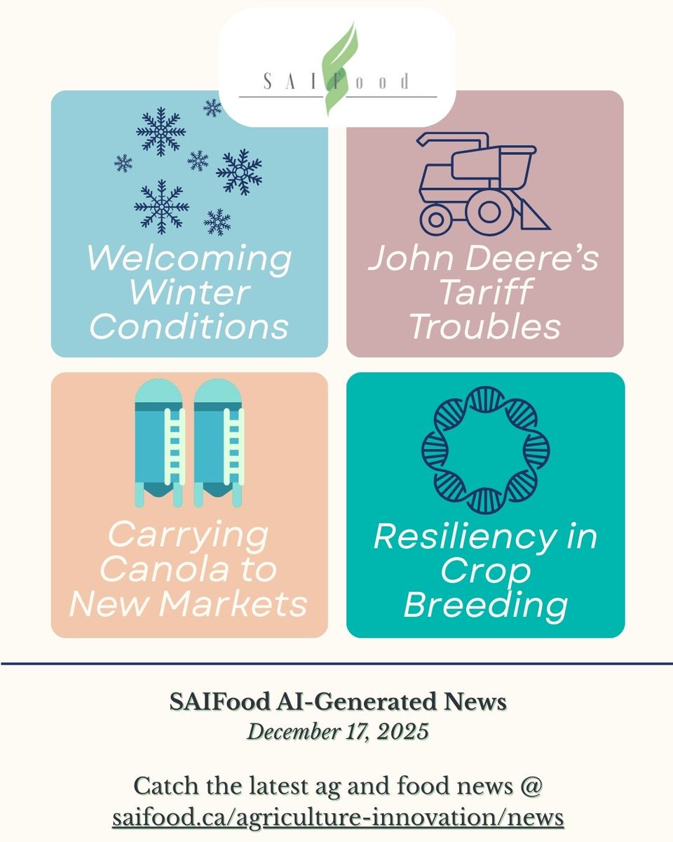 SAIFood_blog's tweet image. This week's #AIGeneratedNews:

❄️ Winter weather is finally here
🚜 Tariffs troubling ag machinery
🧬 Novel feeds &amp;amp; emerging varieties
🌱 The pros &amp;amp; cons of a great canola year

Check it out 👉 saifood.ca/agriculture-in…