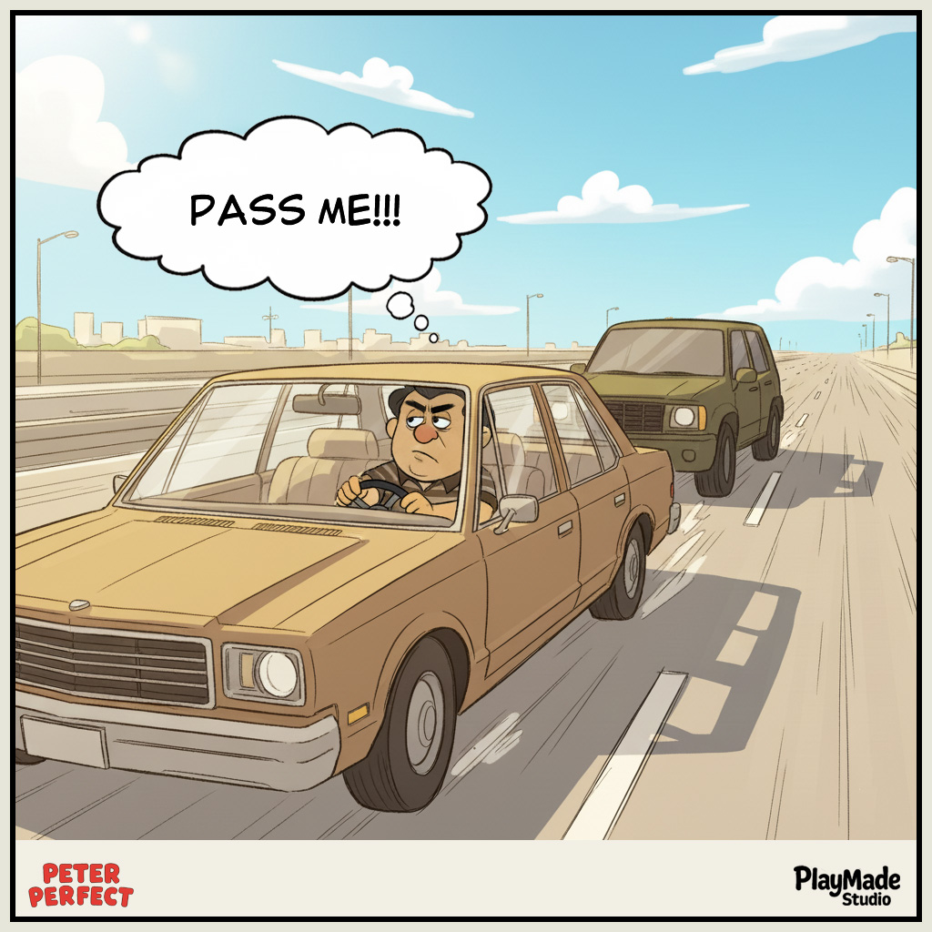 PlayMadeStudio's tweet image. No traffic.
Empty road.
One car glued to my bumper.

PASS. ME. 🚗😤

Happy holiday driving, everyone. 🎄

#PeterPerfect #Webcomic #DailyComics #RelatableComics #FunnyComics #HolidayDriving #RoadRage #PlayMadeStudio