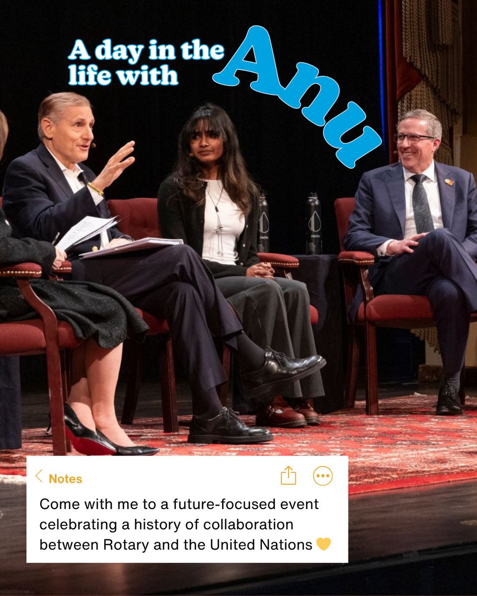 Rotary's tweet image. Anu, a former Interactor and current change-maker, takes us from making new connections to taking the main stage with Melissa Fleming of UN — highlighting the power of young leaders and how service builds identity, purpose, and opportunity.  🌎 #UN80