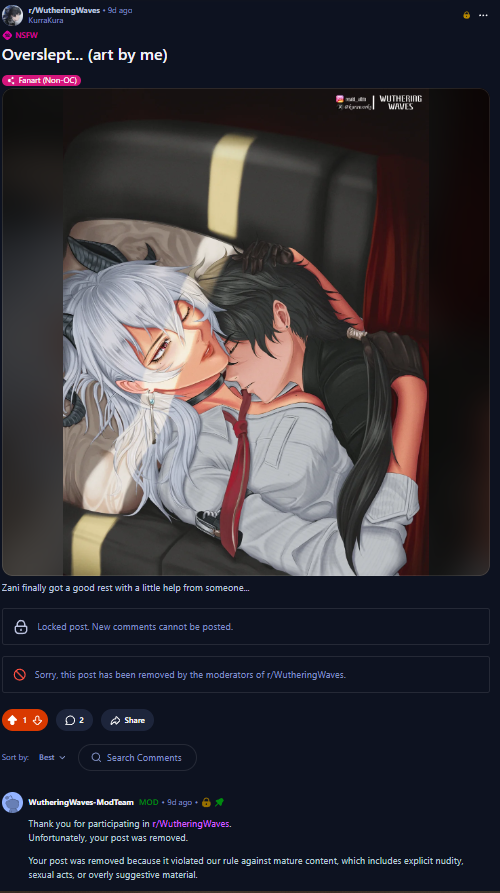 Kuraworks's tweet photo. I'm trying to get my art posted on the main Wuwa sub for more people to see but it keeps getting denied for being too sexual. But then there's a post where there's kissing involved and it's okay. I don't understand the mods. what am i missing here.? 😭 #WutheringWaves #鳴潮 #赞妮 https://t.co/yPNZUFcodD