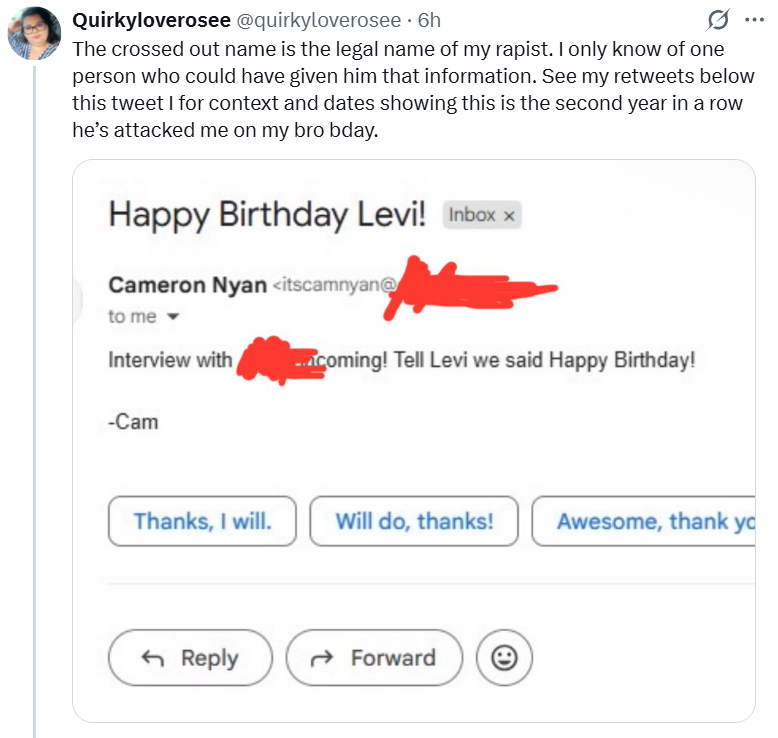 TinyBlueAnthro's tweet photo. Look, before this goes further, IRL shit is not ok. I hate having to defend the Gorls, and this makes me have to do that. 

Cam's behavior is not acceptable. It wasn't acceptable last year, its not acceptable now. 

Don't touch the poo. It's not hard. #GorlWorld #quirkyloverosee https://t.co/34IGQSB1rH