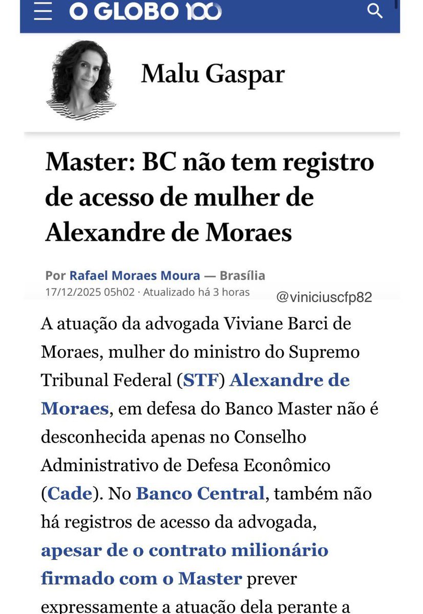 leandroruschel's tweet image. A @malugaspar, do Globo, segue investigando o contrato de R$ 129 milhões (!) da esposa de Moraes com o Banco Master.

Segundo documento apresentado pela colunista — supostamente extraído do celular do dono do banco —, o contrato previa a atuação do escritório em processos…