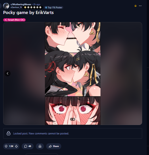 Kuraworks's tweet photo. I'm trying to get my art posted on the main Wuwa sub for more people to see but it keeps getting denied for being too sexual. But then there's a post where there's kissing involved and it's okay. I don't understand the mods. what am i missing here.? 😭 #WutheringWaves #鳴潮 #赞妮 https://t.co/yPNZUFcodD