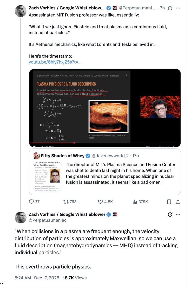 Physicist:  Many particles with many collisions can be described as a liquid. This is Plasma physics 101.

X.com : This ignores Einstein and overthrows particle physics

It would be funny if it wasn't so painful