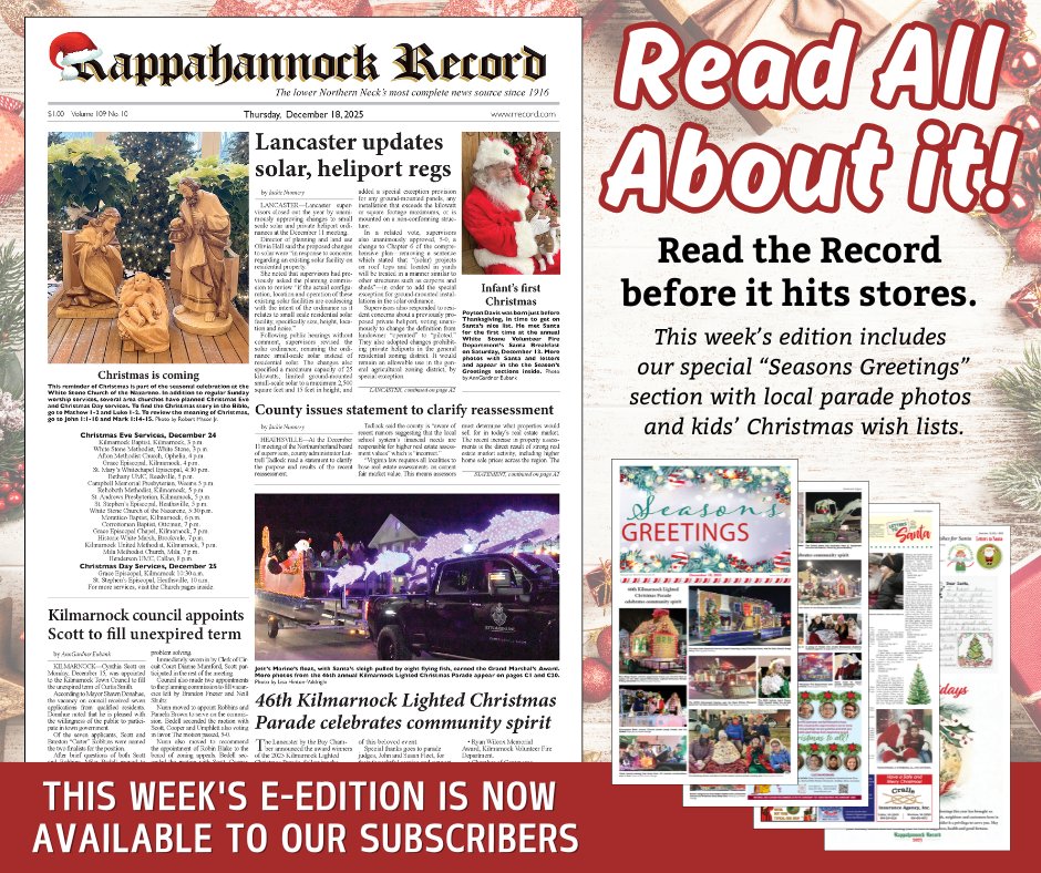 𝐄𝐚𝐫𝐥𝐲 𝐚𝐜𝐜𝐞𝐬𝐬 𝐭𝐨 𝐭𝐡𝐢𝐬 𝐰𝐞𝐞𝐤'𝐬 𝐑𝐚𝐩𝐩𝐚𝐡𝐚𝐧𝐧𝐨𝐜𝐤 𝐑𝐞𝐜𝐨𝐫𝐝 𝐢𝐬 𝐚𝐯𝐚𝐢𝐥𝐚𝐛𝐥𝐞 𝐍𝐎𝐖 𝐢𝐧 𝐨𝐮𝐫 𝐞-𝐞𝐝𝐢𝐭𝐢𝐨𝐧!

The full e-edition is always available to our subscribers at rappahannockrecord-va.newsmemory.com, and in our app.