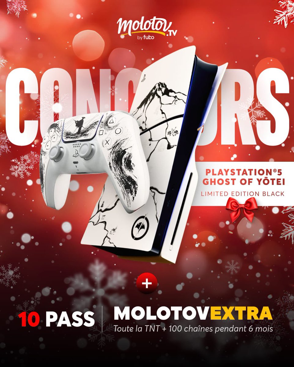 🎄 JEU CONCOURS DE NOËL EXCEPTIONNEL 🎄

À l’occasion des fêtes, Molotov vous gâte !
Tentez de remporter une magnifique PS5 Black – Édition Limitée Ghost of Yotei comprenant :

 🎮Une manette sans fil DualSense®️
 🕹️Le jeu Ghost of Yotei intégré
 🎁 10 Pass Molotov Extra pour