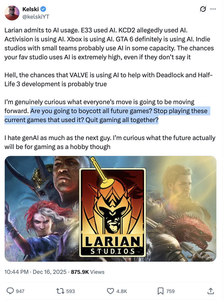 昨天,另一場爭議爆發了,人們試圖抵制另一家獨立工作室 Larian,原因是他們在概念藝術和「沒人願意做」的任務中使用了人工智慧。
有趣的是,取消訂單的嘗試似乎適得其反。
即使是那些反對人工智慧的人也承認,它將長期存在。