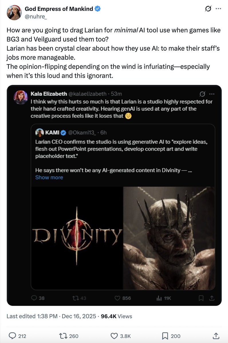 昨天,另一場爭議爆發了,人們試圖抵制另一家獨立工作室 Larian,原因是他們在概念藝術和「沒人願意做」的任務中使用了人工智慧。
有趣的是,取消訂單的嘗試似乎適得其反。
即使是那些反對人工智慧的人也承認,它將長期存在。